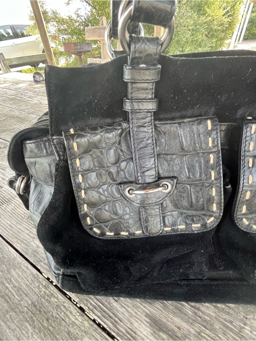 DESMO / Black Croc-Texture Suede Shoulder Bag, clean inside, lots of hardware